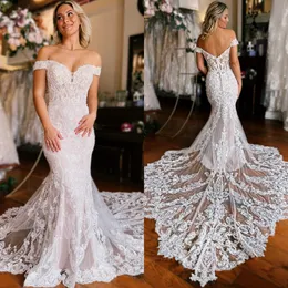 Fulllace Meerjungfrau-Hochzeitskleid für die Braut, schulterfrei, mit Perlen besetzt, Spitze, Brautkleider für die Ehe, Kleider, Sweep-Zug, Designer-Kleid NW063