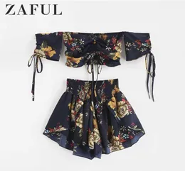 Zaful Schulterfreies, gerafftes Blumen-Damen-Set, Slash-Ausschnitt, kurze Ärmel, bauchfreies Top, hohe Taille, Shorts-Set, Strand-Boho-Anzüge, Sommer Y190423878655