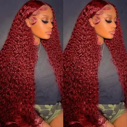 250% 36inch 13x4 Water Wave Lace Front Wigs Human Hair 99j Burgundy Deep Wave Frontal Wig for Women Brazilian Wigs