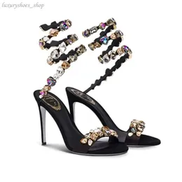 Rhinestone Snake Strass Stiletto Sandals Rene Caovilla Cleo 95mm Evening Buty damskie obcasy Designer kostki Piękna kryształowa fabryka z pudełkiem.34-43