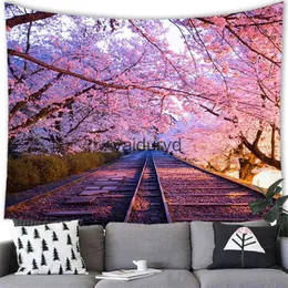 Wandteppiche Pink Sakura Blumen Wandteppich Wand Hanging Mount Fuji Romantische Kirschblüte Landschaft Bohemian Mat Blanke H240514