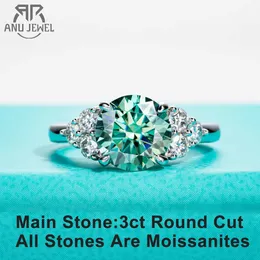 Bagues de bande AnuJewel 3ct Coupe ronde Bleu Vert Couleur Moissanite Fiançailles R18K Plaqué Or Argent Luxe WeddRJewelry En Gros J240118