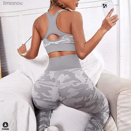 مجموعات نشطة 2023 Camo Seamless Yoga Set Women Fitness Gym Clothing High Pheist Stermings Sport Bra Suit Sports Suit Femme Sportswearl240118