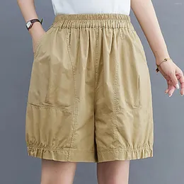 Kvinnors shorts kvinnor casual lykta fickor elastisk midja bred ben fast färg beskärda korta byxor mujer vår sommar baggy cortos