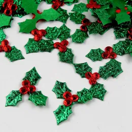 Decorações de Natal 100 Pcs Ornamento Glitter Holly Leaf Red Berry Pano Applique Decoração de Mesa Folhas Verdes Adesivo Acessórios Suprimentos