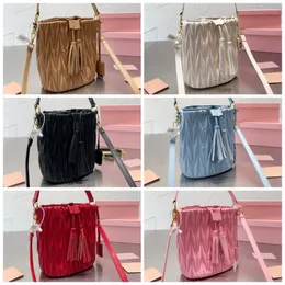 Quality Fashion classic top purse Front gold metal logo pleated soft goat leather rope bucket bag restore ancient ways shoulder slung handbag female sky brown