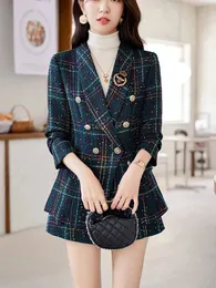 Elegante geruite tweed blazer shorts pakken herfst winter outfits voor dames 2-delige zakelijk chic kantoor bijpassende set plus size 240118