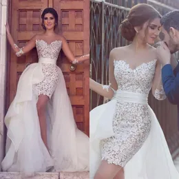 Dubai curto mini bainha vestidos de casamento do laço com trem destacável 2024 ilusão mangas compridas sheer pescoço marfim praia vestidos de noiva