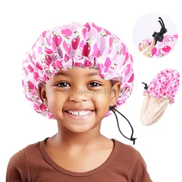 Barn dubbelskikt Satin Bonnets Lovely Printed Nightcap for Kids Fashion Justerbar mössa duschhatt Kid Hårtillbehör