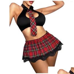 Bras sätter 2023 y Lingerie British Style Vest Lace Plaid kjol Tie Open Bra Thongs SM Cosplay School Girl Erotic Set Drop Delivery Dhqji