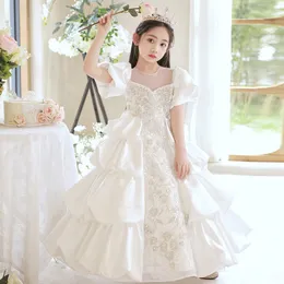 Weiße Glitzkugelkleid Blume Mädchen Handgemachte Blumen Perlen Kristalle Tiers Kleinkind Seite Satin Puff Geburtstagsfeier Kleider Festzugskleider 403