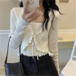 Women's Knits 2024 Patched One-piece Cropped Sweaters Pullovers Women's Ruffles Full Sleeve Laced Sweater Shirts Crop Tops For Female