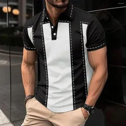 Polos masculinos verão moda casual lapela botão polo camisa listrada vendas de secagem rápida