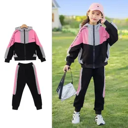 Spring Autumn Contrast Kids Tracksuit Girls Hoodiesweatpant Set Full Zip Hooded Children 2 Pieces Outfits Jogger Set 3-16 Years 240117