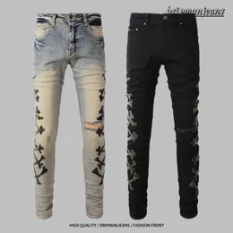 Amerikan Sokak Hip-Hop erkek kot patchwork, nakış, vintage yıkama, sıkıntılı, elastik ince uyum, rap pantolon, tasarımcı uzun pantolon damla stil ile