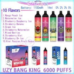 Original UZY Bang King 6000 Puff Disposable E Cigarettes 14ml Pod Battery Rechargeable Electronic Cigs Puff 6000 0% 2% 3% 5% Vape Pen Kit