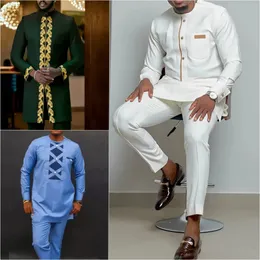 Kaftan Summer Men's Suit Round Neck Longsleeved Top Pants African Male Traditional Outfit National Style 2PCS Clothing Sets 240117