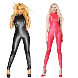 Capris sexy zíper gótico preto pvc couro falso látex zentai catsuit wetlook macacão erótico plutônio bodysuit club wear macacão