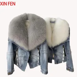 Vinterkvinnor Luxury Natural True Fox Fur Big Collar Goose Down Denim Down Jackets Kort varm masig jacka 240117