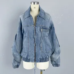 OC468M56 Jaqueta jeans solta primavera feminina de algodão lapela casual com furos lavados em pedra para casaco fashion