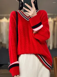 Damenpullover Preppy Style Frauen V-Ausschnitt Pullover Herbst Winter Merinowolle Pullover Lässig Lose Hohl Weiche Kaschmir Strickwaren Koreanisch