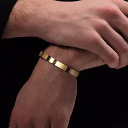 Katı Altın Düz 6mm 8mm Kuff Bangles Erkekler için 14K Sarı Altın Bilezik Brackelts Brazalet Bileklik Braslet