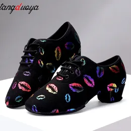 High Heel Dance Shoes Sneakers Women Ballroom Latin Dance Shoes Woman Black nära Toe Dancing Shoes for Women Lip Print 240117