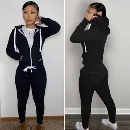 Kadınlar İki Parçalı Pantolon 2 PCS/SET Uzun Kollu Polar Astar Terzini Kadın Düz Renk Kapşonlu Sweatshirt ceket Jogging Set Kadın Topluluğu