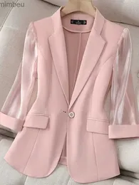 여자 정장 블레이저 얇은 분홍색 정장 여성 2022 봄과 여름 새로운 한국 패션 슬림 3 쿼터 슬리브 캐주얼 재킷 레이디 사무실 Blazerl240117
