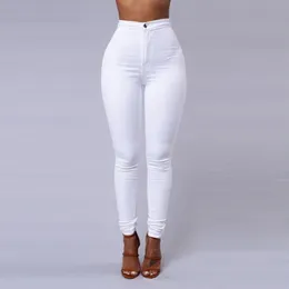 Cor sólida calças de brim magros mulher branco preto cintura alta render jeans vintage sexy calças compridas femme casual lápis calças jeans 240117