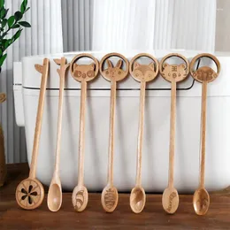 Spoons 1PCS Wooden Spoon Natural Color Cartoon Animal Mixing Tableware Childrens