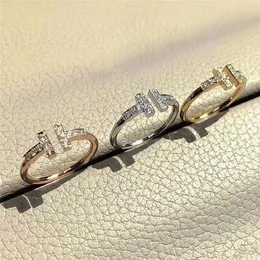 Französisch Double T Full Diamond Sier Einfache Persönlichkeit Instagram Valentine Geschenk Öffnung Verstellbarer Ringfrau