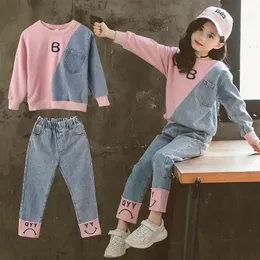 Spring Autumn Patchwork Kids Tracksuit Contrast Girls SweatshirtDenim Pant Sets Children 2 Pieces Outfits Hoodie Set 3-16 Years 240117