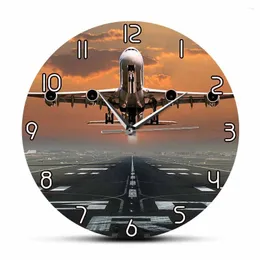 Wall Clocks Airplane Jet Plane Airport Runway Sunset Landing Modern Clock Pilots Home Decor Two Storeys Commercial Jetliner Watch
