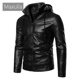 Maxulla Winter Men's PUジャケットカジュアルマンウォームオートバイレザーコートファッションフリースフード付きレザージャケットメンズ衣類240117