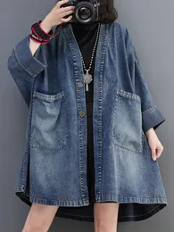 Kurtki dla kobiet 2023 Spring Autumn Vintage Vneck Pocket Choren Jacking Lose OversizeS Rows Top Blue Jean Woman 240117