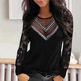 Capris 40#Women Sexy Shirts Longe Sleeve Lace Sequins Hallow Out VNeck Long Sleeves Solid Elegant Blouses Pullover Daily Basic Tops