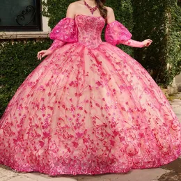 Rosa quente removível puff manga quinceanera vestido applique rendas vestidos de 15 quinceanera doce 16 vestidos florais festa de noite