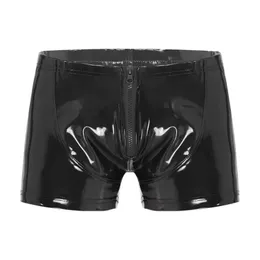 S5XL Sexy Men Men Boxer Short Fetish Intermears Interies Shiny Patent Leather Exotic Zipper Shorts Swimwear Beach 240117
