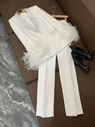 2024 Spring White / Hot Pink Feather Two Piece Pants Set Long Sleeve hacked-Lapel Single-Buttton Blazers Top + Long Pants Set Two Piece Suits O4J152659