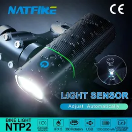 Luzes NATFIRE NTP2 Luz de bicicleta com sensor de luz USB recarregável LED farol de bicicleta lanterna frontal com luz traseira opcional