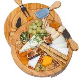 Bambus-Küchenwerkzeuge, Käsebrett und Messer-Set, runde Wurstbretter, drehbare Fleischplatte, Urlaubs-Einweihungsgeschenk, Großhandel 522QH