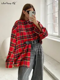 MNEALWAYS18 Bright Gingham överdimensionerade skjortor för kvinnor street stil casual shacket blusar och toppar enkelbröst vår 240117