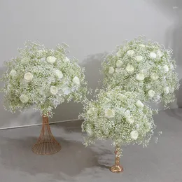 Dekoratif çiçekler beyaz gül yol kurşun çiçek topu düğün zemin dekor babybreath çiçek satır masa centerpieces parti sahne