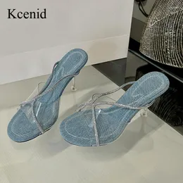 Hausschuhe Kcenid Sommer 2024 Mode Kristall Strass PVC Transparent Frauen Offene spitze Sandalen High Heels Sexy Dünne Rutschen