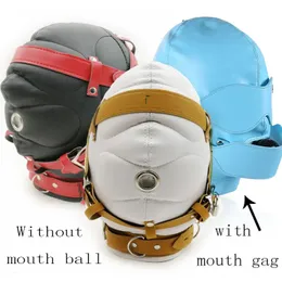 PU Leather Total Sensory Deprivation Full Head Bondage Hood Headgear Mouth Open Lockable Gimp Bondage BDSM Sex Toy for Couple 240118