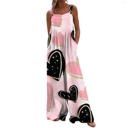 Casual Dresses Womens Overalls Valentine's Day Print Wide Leg Jumpsuits Bib Rompers ärmlösa remmar med fickor kläder