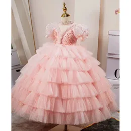 2024 ELEGANTI PINK FLOWH GIRL perle perle con perline Correte Cancelle Cancelle Principessa Cascate Abiti da concorso per bambini per matrimoni Abiti di comunione Santa 403