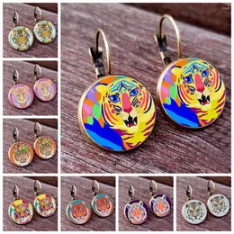 Stud Earrings 2024 Fashion Art Tiger Forest King Glass Cabochon Keychain Wildlife Women's French Earhook Jewelry Gift