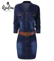 Azulina Donna Colletto alla coreana Manica lunga Aderente Jean Abiti Plus Size Abito in denim con cintura aderente Vestido 2018 Abito casual Donna Y4634167